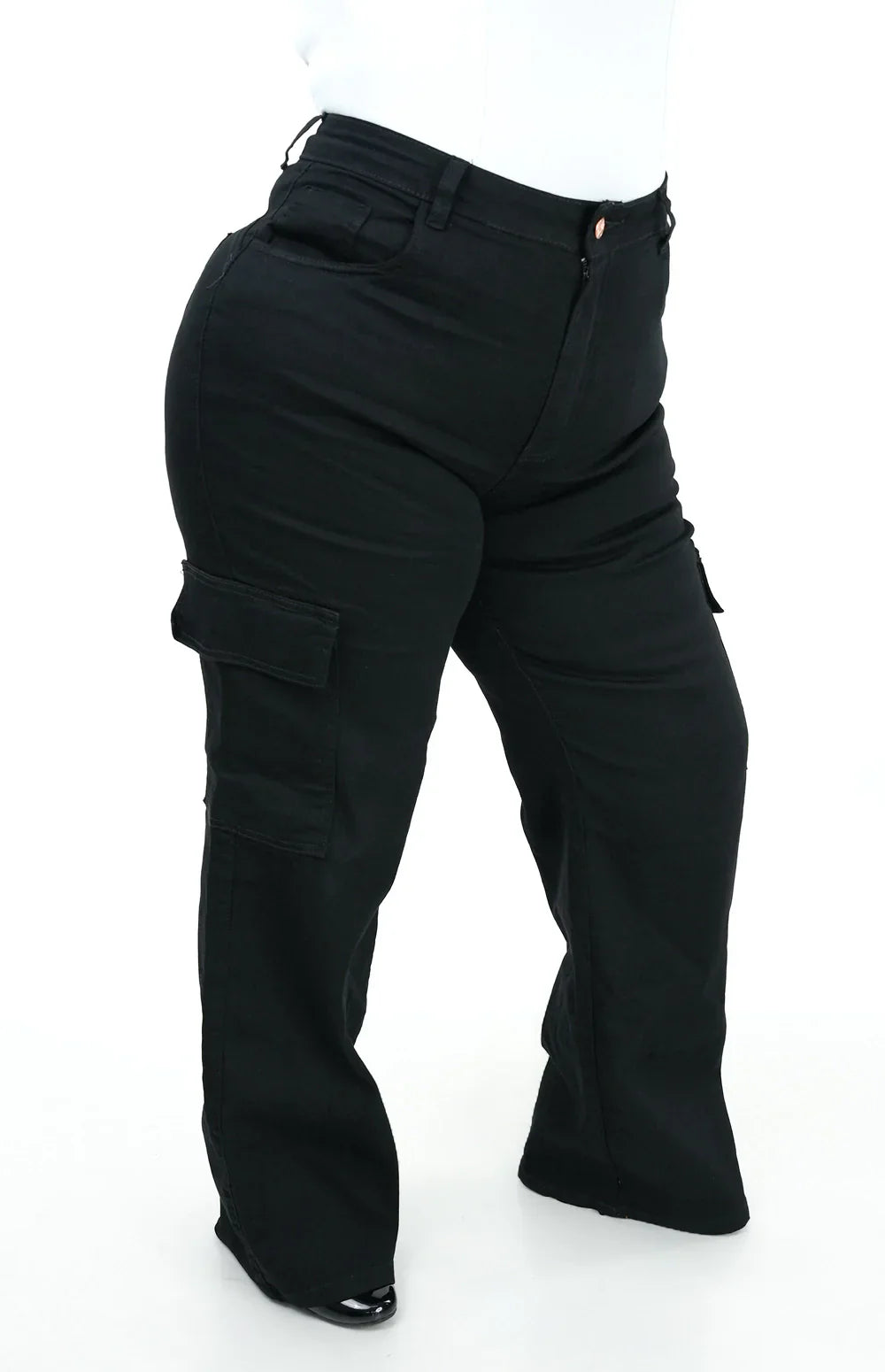 CALÇA JEANS FEMININA - WIDE LEG CARGO PRETA