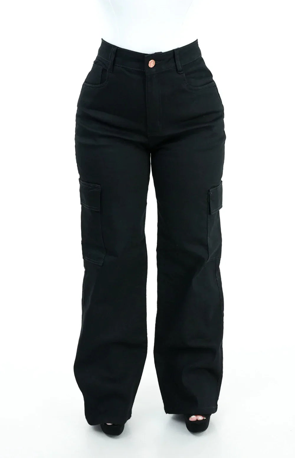 CALÇA JEANS FEMININA - WIDE LEG CARGO PRETA