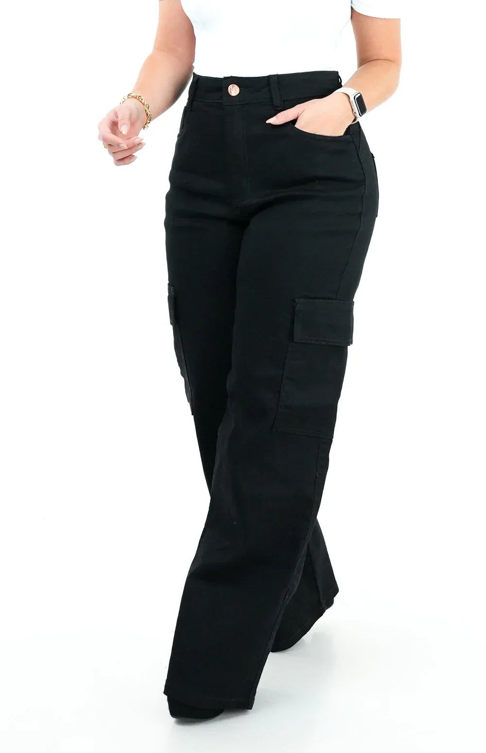 CALÇA JEANS FEMININA - WIDE LEG CARGO PRETA