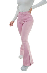 CALÇA JEANS PARA BAIXINHAS - FLARE ROSA BOTÕES FORRADOS