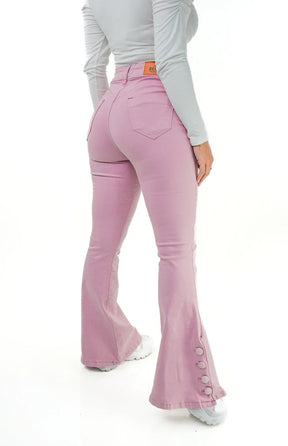 CALÇA JEANS PARA BAIXINHAS - FLARE ROSA BOTÕES FORRADOS