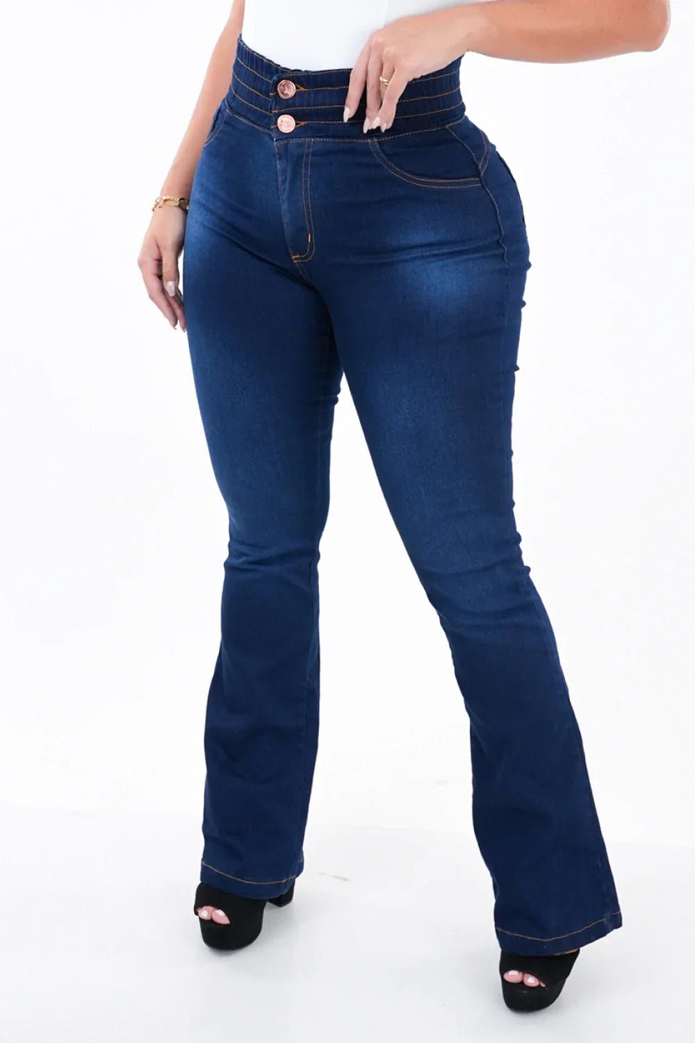 CALÇA JEANS FEMININA - FLARE CINTURA ELÁSTICA