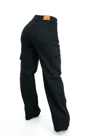 CALÇA JEANS FEMININA - WIDE LEG CARGO PRETA