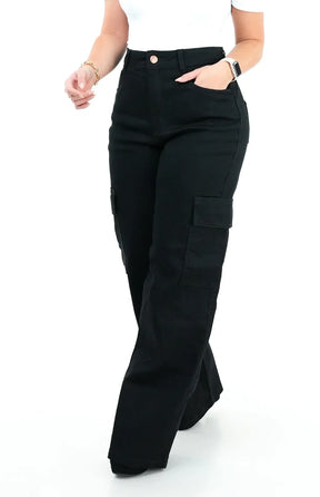 CALÇA JEANS FEMININA - WIDE LEG CARGO PRETA